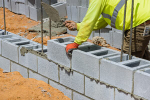 On a construction site, a mason is in the process of erecting a wall of aerated concrete blocks